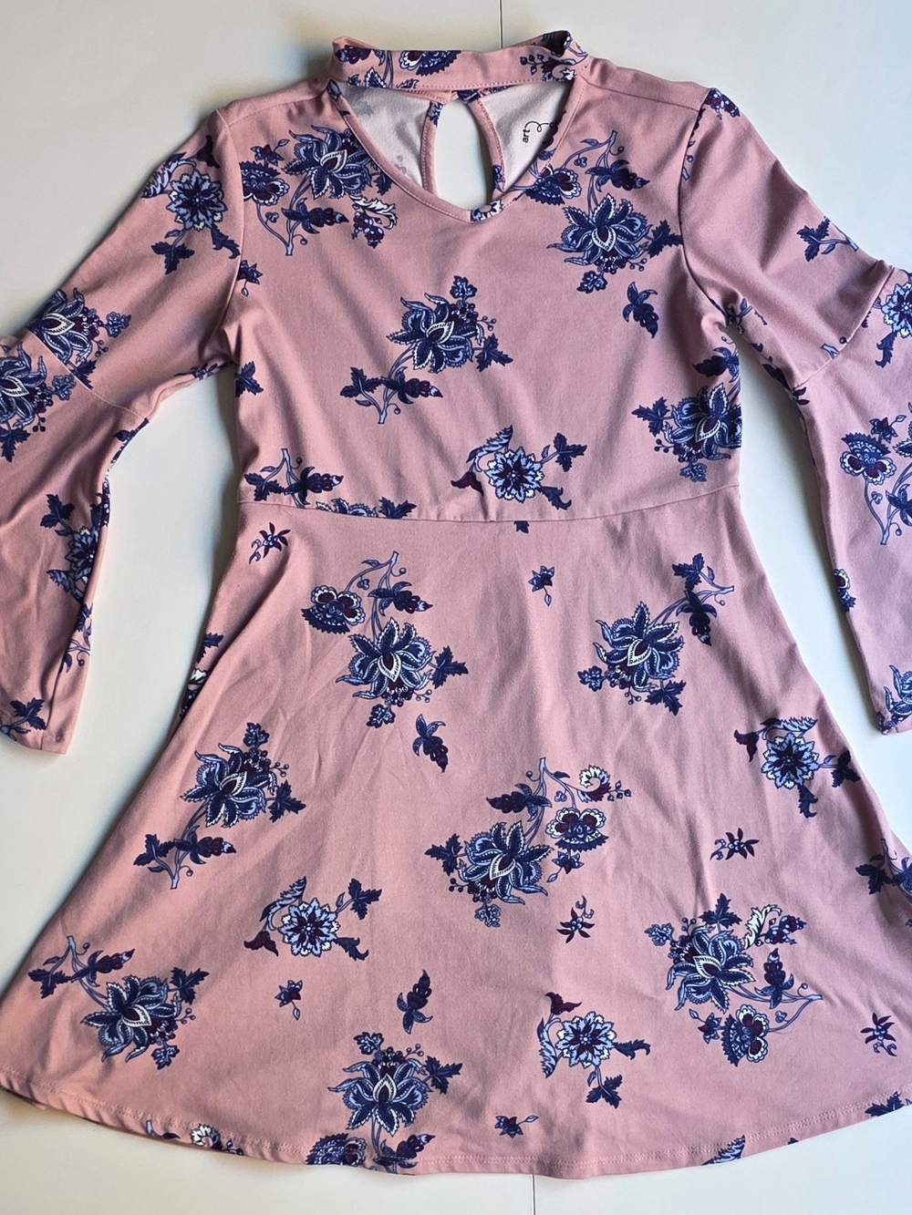 Pink Floral Fit & Flare Long-Sleeve Dress
